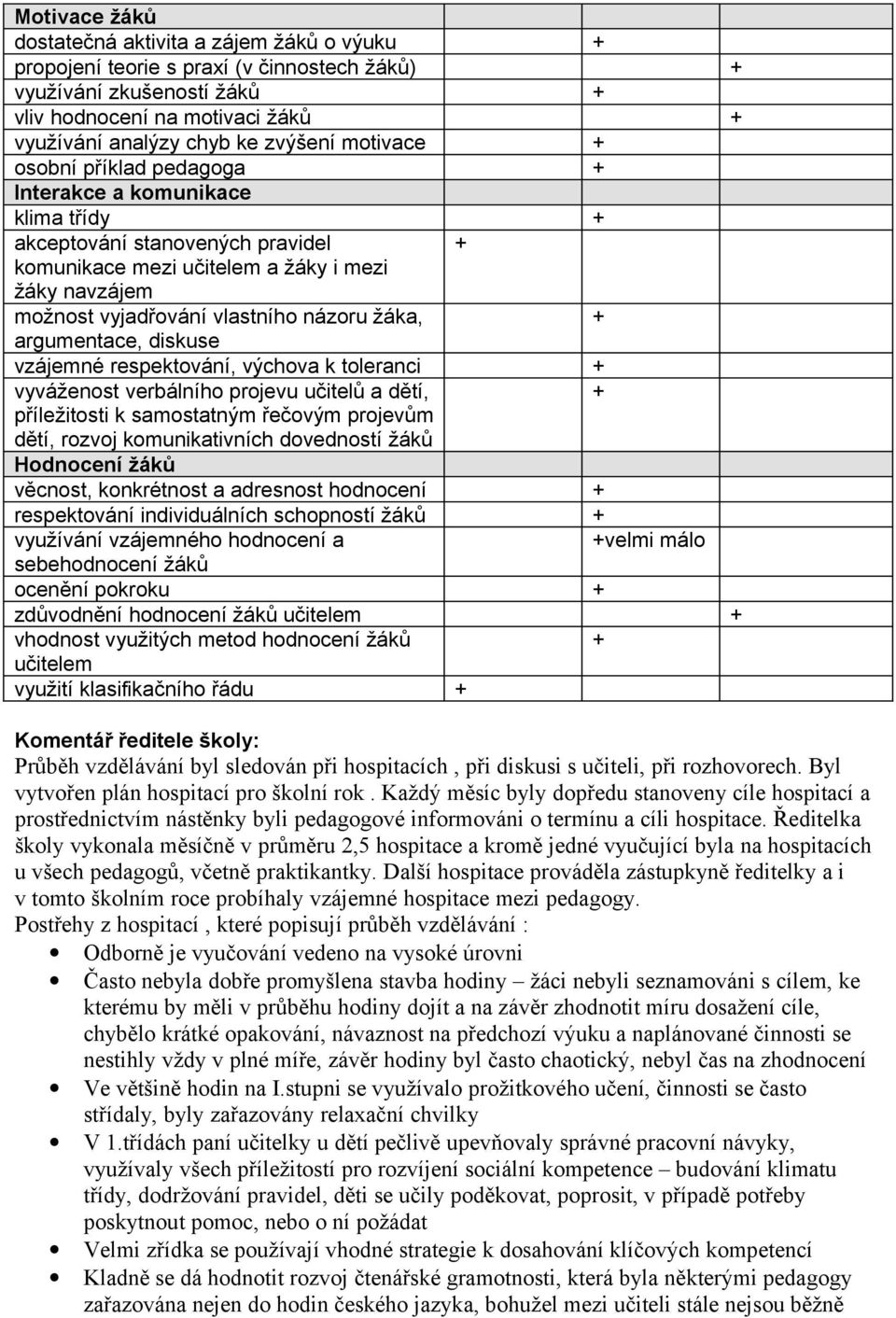 žáka, + argumentace, diskuse vzájemné respektování, výchova k toleranci + vyváženost verbálního projevu učitelů a dětí, + příležitosti k samostatným řečovým projevům dětí, rozvoj komunikativních