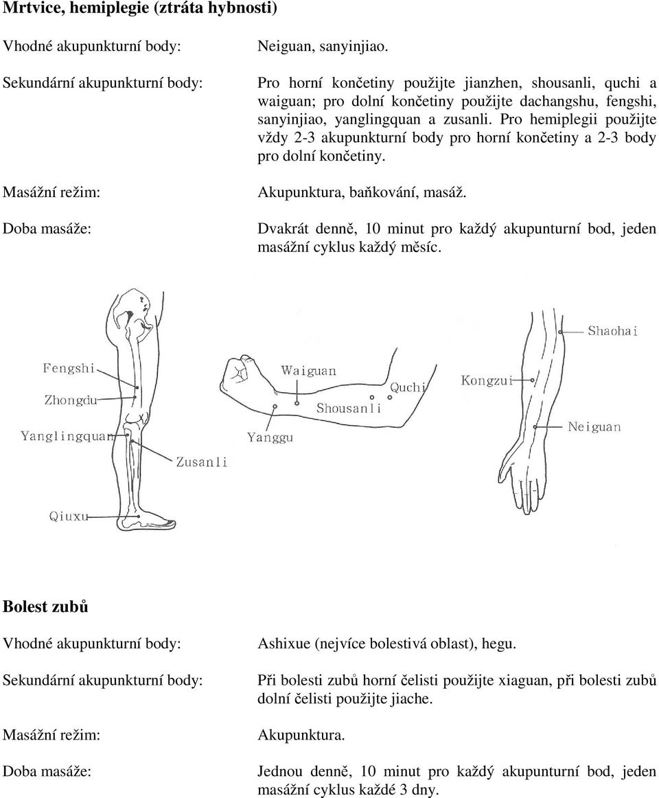 Pro hemiplegii použijte vždy 2-3 akupunkturní body pro horní končetiny a 2-3 body pro dolní končetiny. Akupunktura, baňkování, masáž.