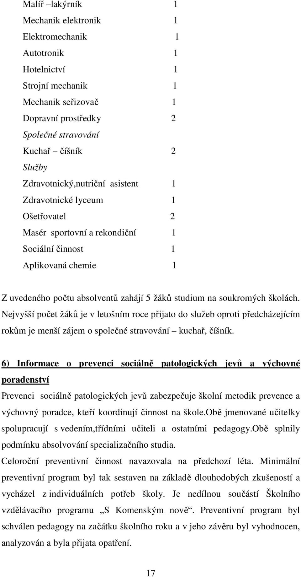 soukromých školách. Nejvyšší počet žáků je v letošním roce přijato do služeb oproti předcházejícím rokům je menší zájem o společné stravování kuchař, číšník.