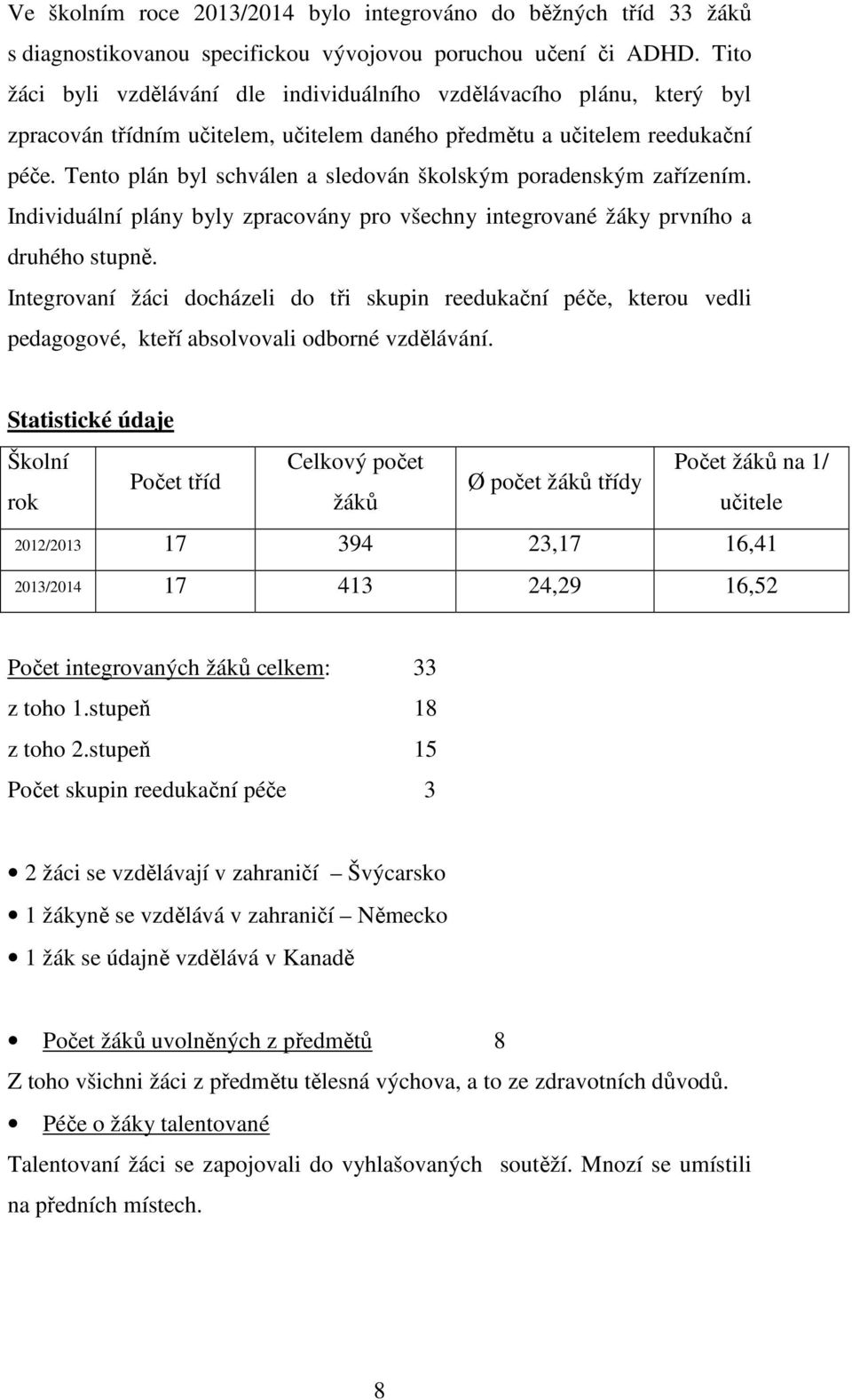 Tento plán byl schválen a sledován školským poradenským zařízením. Individuální plány byly zpracovány pro všechny integrované žáky prvního a druhého stupně.