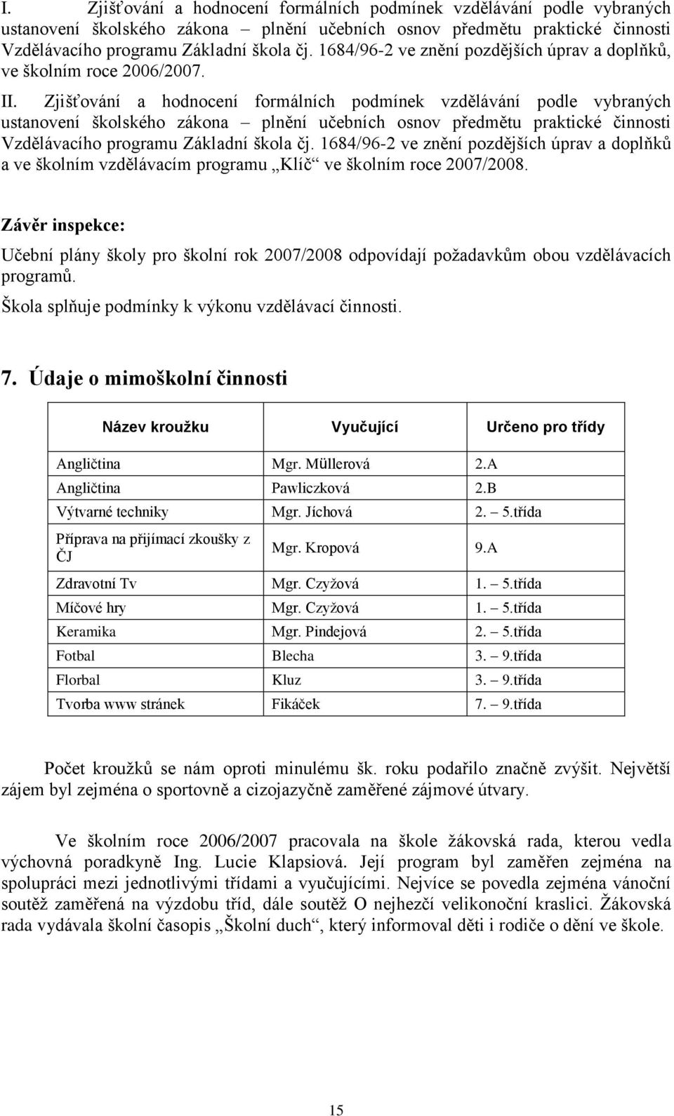 Závěr inspekce: Učební plány školy pro školní rok 2007/2008 odpovídají poţadavkům obou vzdělávacích programů. Škola splňuje podmínky k výkonu vzdělávací činnosti. 7.