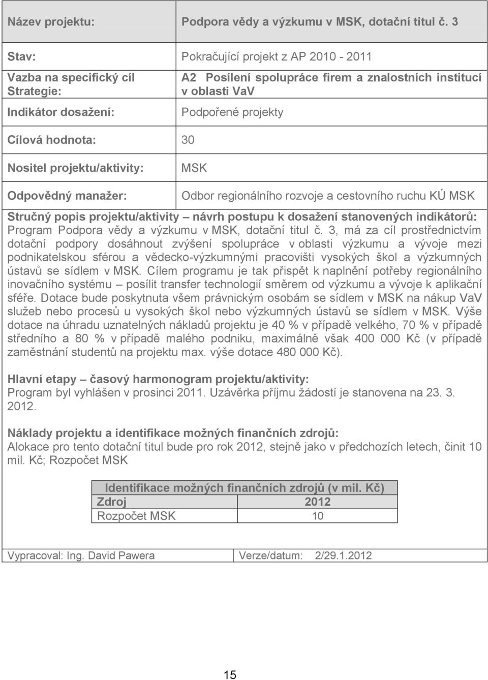 projekty MSK Odbor regionálního rozvoje a cestovního ruchu KÚ MSK Program Podpora vědy a výzkumu v MSK, dotační titul č.