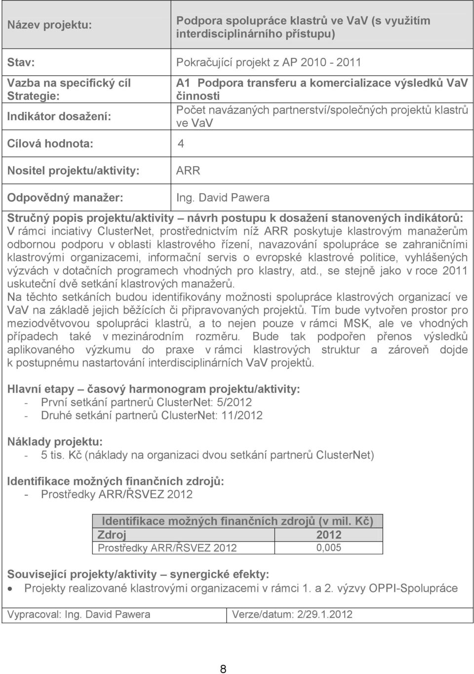 David Pawera V rámci inciativy ClusterNet, prostřednictvím níž ARR poskytuje klastrovým manažerům odbornou podporu v oblasti klastrového řízení, navazování spolupráce se zahraničními klastrovými