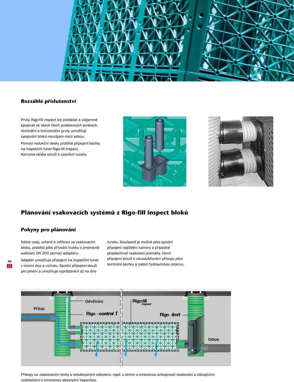 Plánování vsakovacích systémû z Rigo-fill inspect blokû Pokyny pro plánování 10 Nátok vody, určené k infiltraci ve vsakovacím bloku, probíhá přes přívodní trubku o jmenovité světlosti DN 200 pomocí