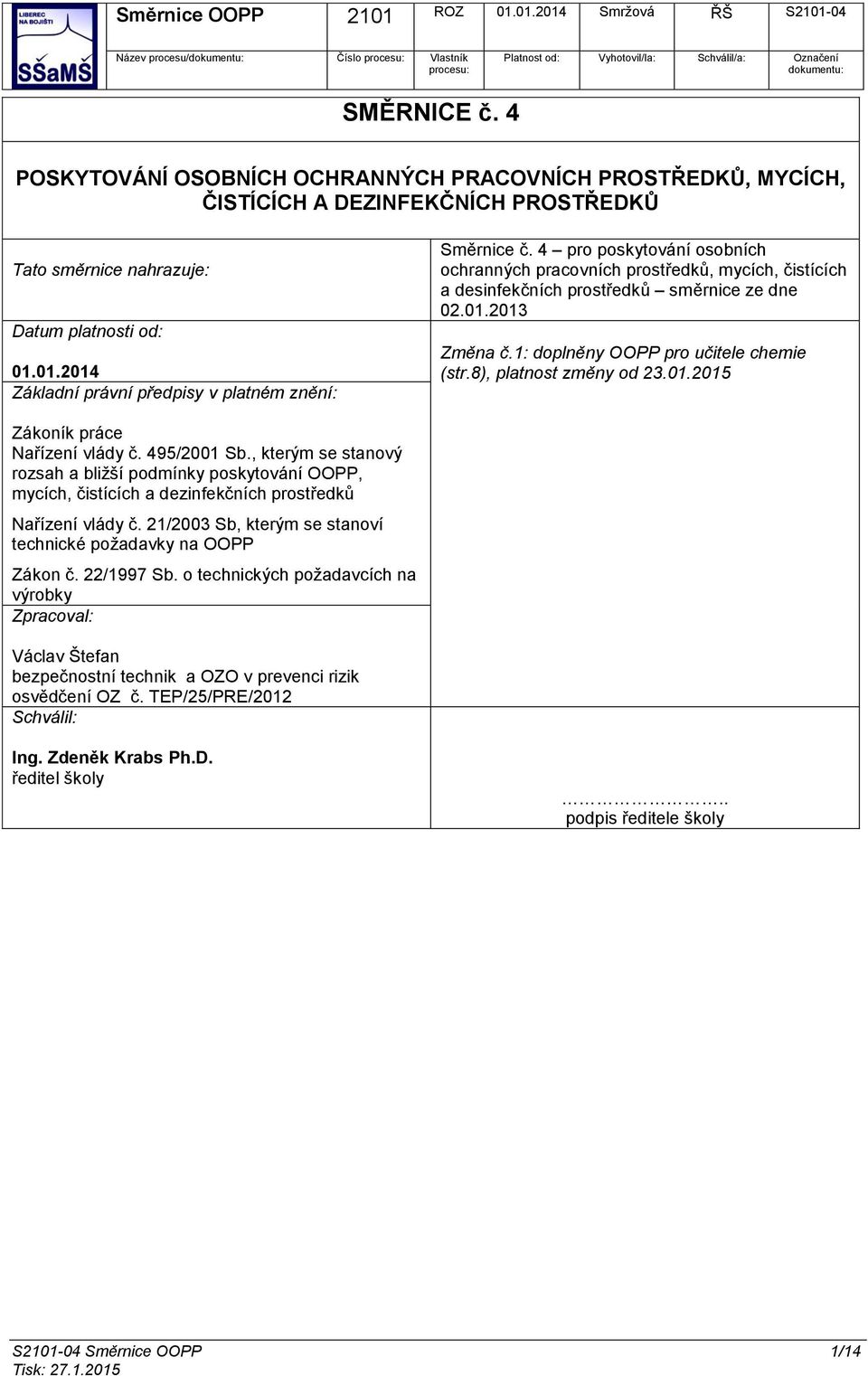 1: doplněny OOPP pro učitele chemie (str.8), platnost změny od 23.01.2015 Zákoník práce Nařízení vlády č. 495/2001 Sb.