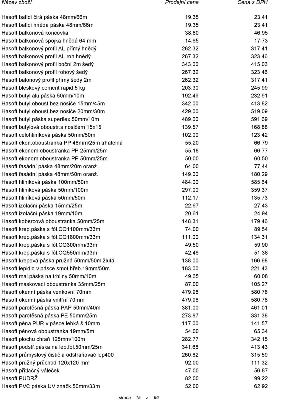 32 323.46 Hasoft balonový profil přímý šedý 2m 262.32 317.41 Hasoft bleskový cement rapid 5 kg 203.30 245.99 Hasoft butyl alu páska 50mm/10m 192.49 232.91 Hasoft butyl.oboust.bez nosiče 15mm/45m 342.