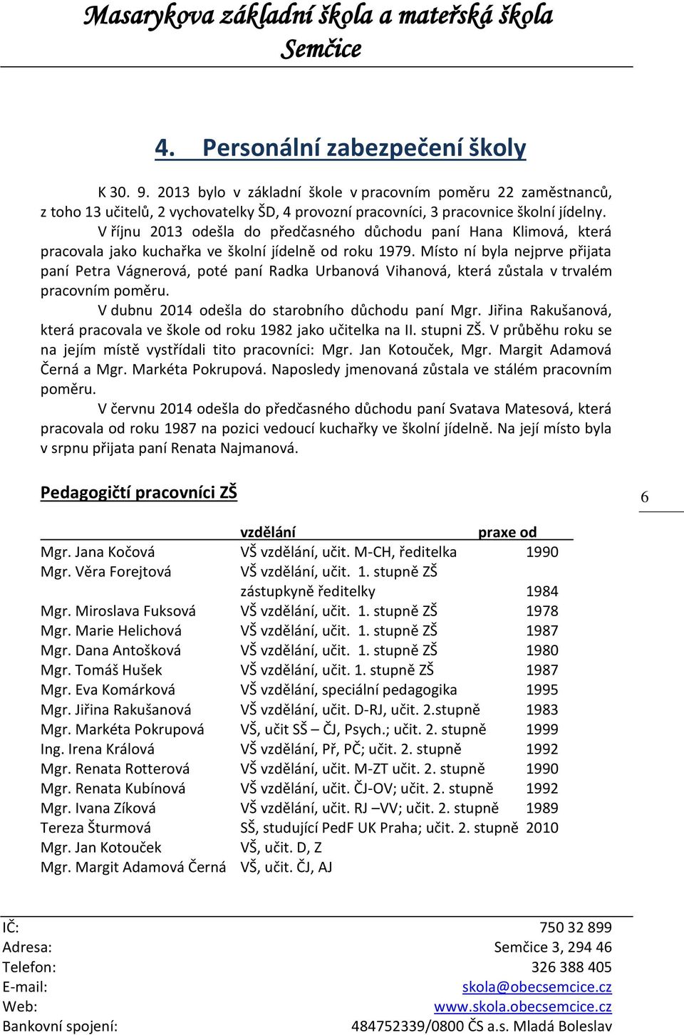 Místo ní byla nejprve přijata paní Petra Vágnerová, poté paní Radka Urbanová Vihanová, která zůstala v trvalém pracovním poměru. V dubnu 2014 odešla do starobního důchodu paní Mgr.