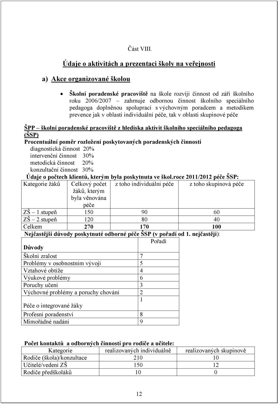 školního speciálního pedagoga doplněnou spoluprací s výchovným poradcem a metodikem prevence jak v oblasti individuální péče, tak v oblasti skupinové péče ŠPP školní poradenské pracoviště z hlediska