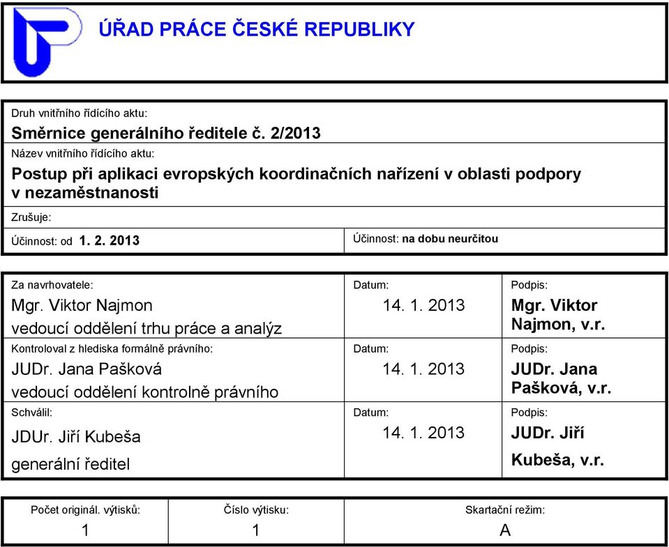 2013 Účinnost: na dobu neurčitou Za navrhovatele: Mgr. Viktor Najmon vedoucí oddělení trhu práce a analýz Kontroloval z hlediska formálně právního: JUDr.