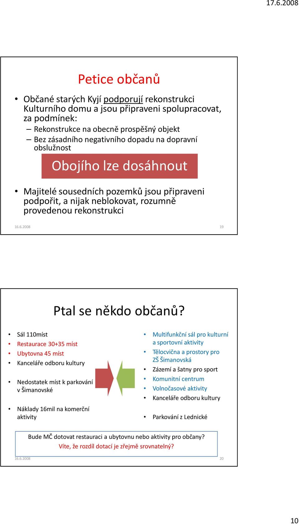 Sál 110míst Restaurace 30+35 míst Ubytovna 45 míst Kanceláře odboru kultury Nedostatek míst k parkování v Šimanovské Náklady 16mil na komerční aktivity Multifunkční sál pro kulturní a sportovní