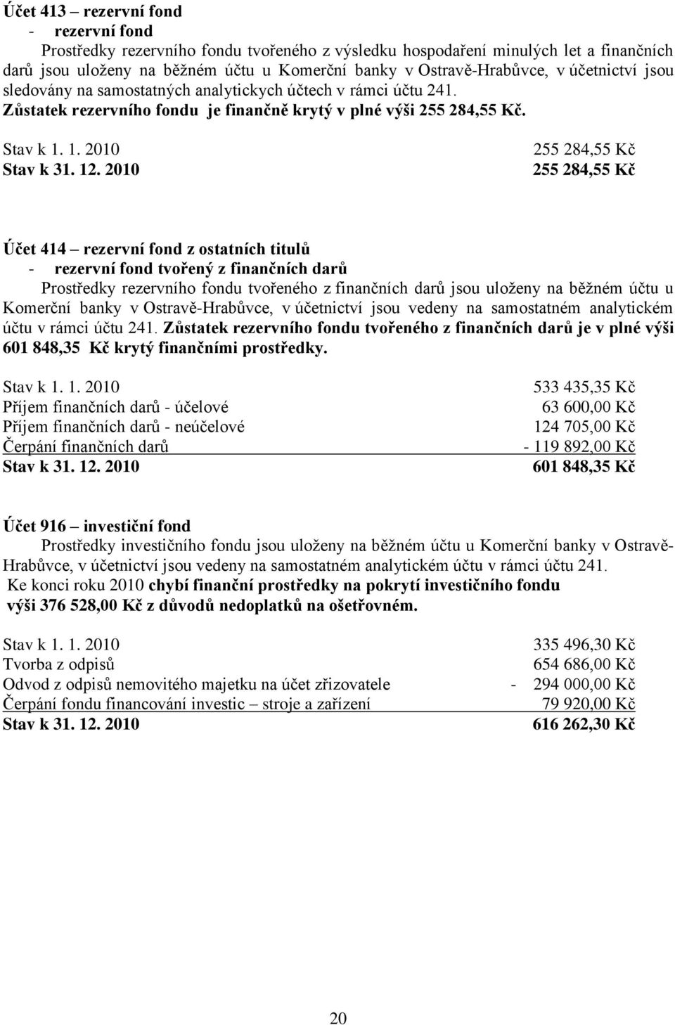 2010 255 284,55 Kč 255 284,55 Kč Účet 414 rezervní fond z ostatních titulů - rezervní fond tvořený z finančních darů Prostředky rezervního fondu tvořeného z finančních darů jsou uloženy na běžném