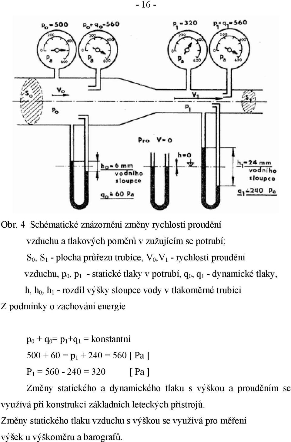 proudění vzduchu, p 0, p 1 - statické tlaky v potrubí, q 0, q 1 - dynamické tlaky, h, h 0, h 1 - rozdíl výšky sloupce vody v tlakoměrné trubici Z podmínky o