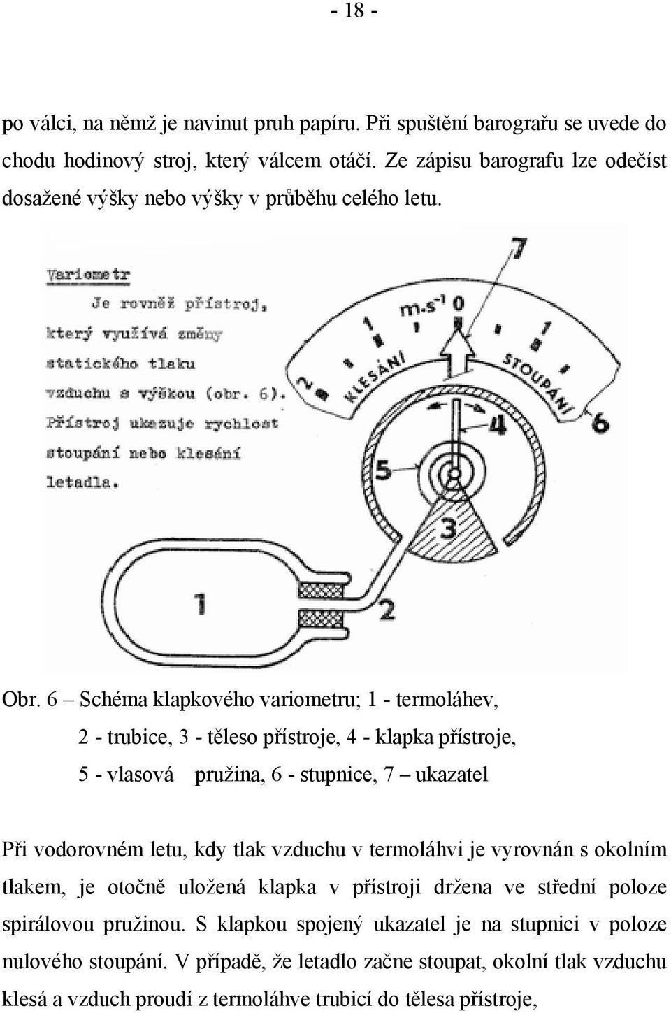 6 Schéma klapkového variometru; 1 - termoláhev, 2 - trubice, 3 - těleso přístroje, 4 - klapka přístroje, 5 - vlasová pružina, 6 - stupnice, 7 ukazatel Při vodorovném letu, kdy
