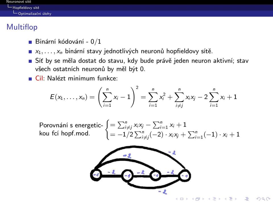 Síť by se měla dostat do stavu, kdy bude právě jeden neuron aktivní; stav všech ostatních neuronů by měl