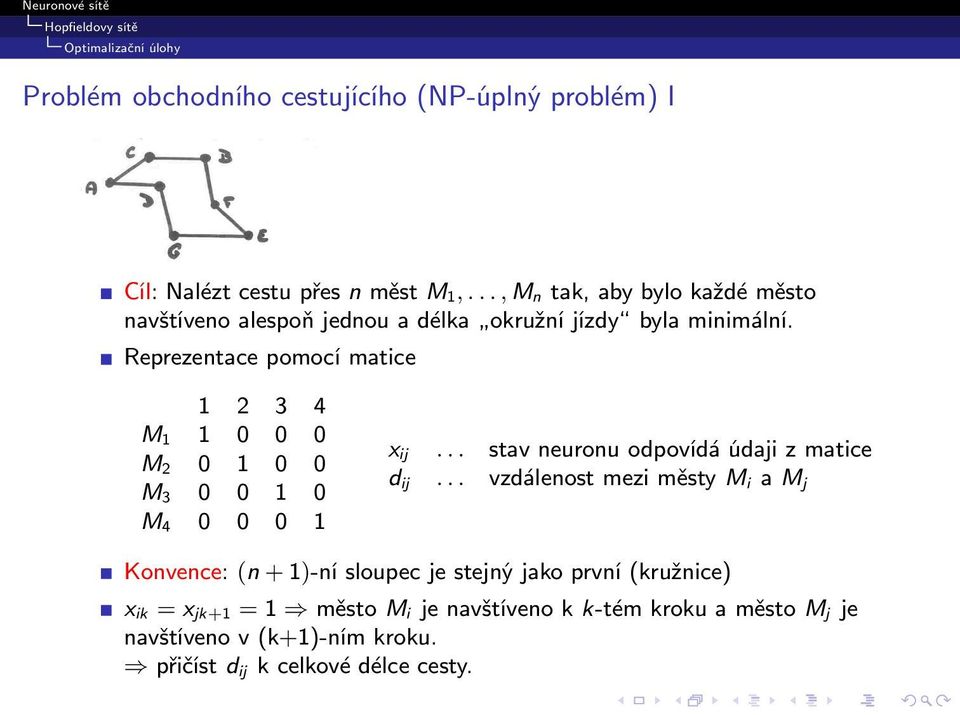 Reprezentace pomocí matice 1 2 3 4 M 1 1 0 0 0 M 2 0 1 0 0 M 3 0 0 1 0 M 4 0 0 0 1 x ij... stav neuronu odpovídá údaji z matice d ij.