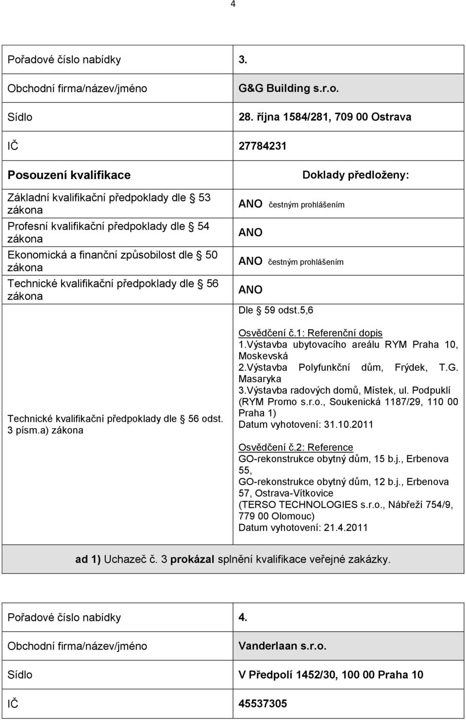 10.2011 Osvědčení č.2: Reference GO-rekonstrukce obytný dům, 15 b.j., Erbenova 55, GO-rekonstrukce obytný dům, 12 b.j., Erbenova 57, Ostrava-Vítkovice (TERSO TECHNOLOGIES s.r.o., Nábřeží 754/9, 779 00 Olomouc) Datum vyhotovení: 21.