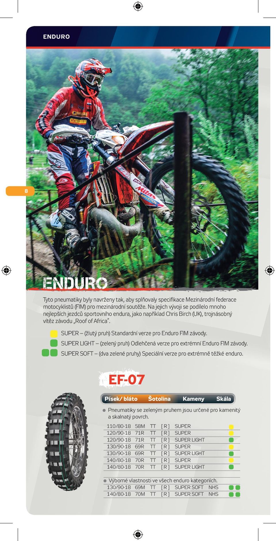 SUPER (žlutý pruh) Standardní verze pro Enduro FIM závody. SUPER LIGHT (zelený pruh) Odlehčená verze pro extrémní Enduro FIM závody.