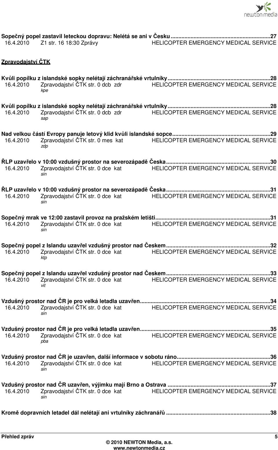 0 dcb zdr HELICOPTER EMERGENCY MEDICAL SERVICE kpe Kvůli popílku z islandské sopky nelétají záchranářské vrtulníky... 28 16.4.2010 Zpravodajství ČTK str.