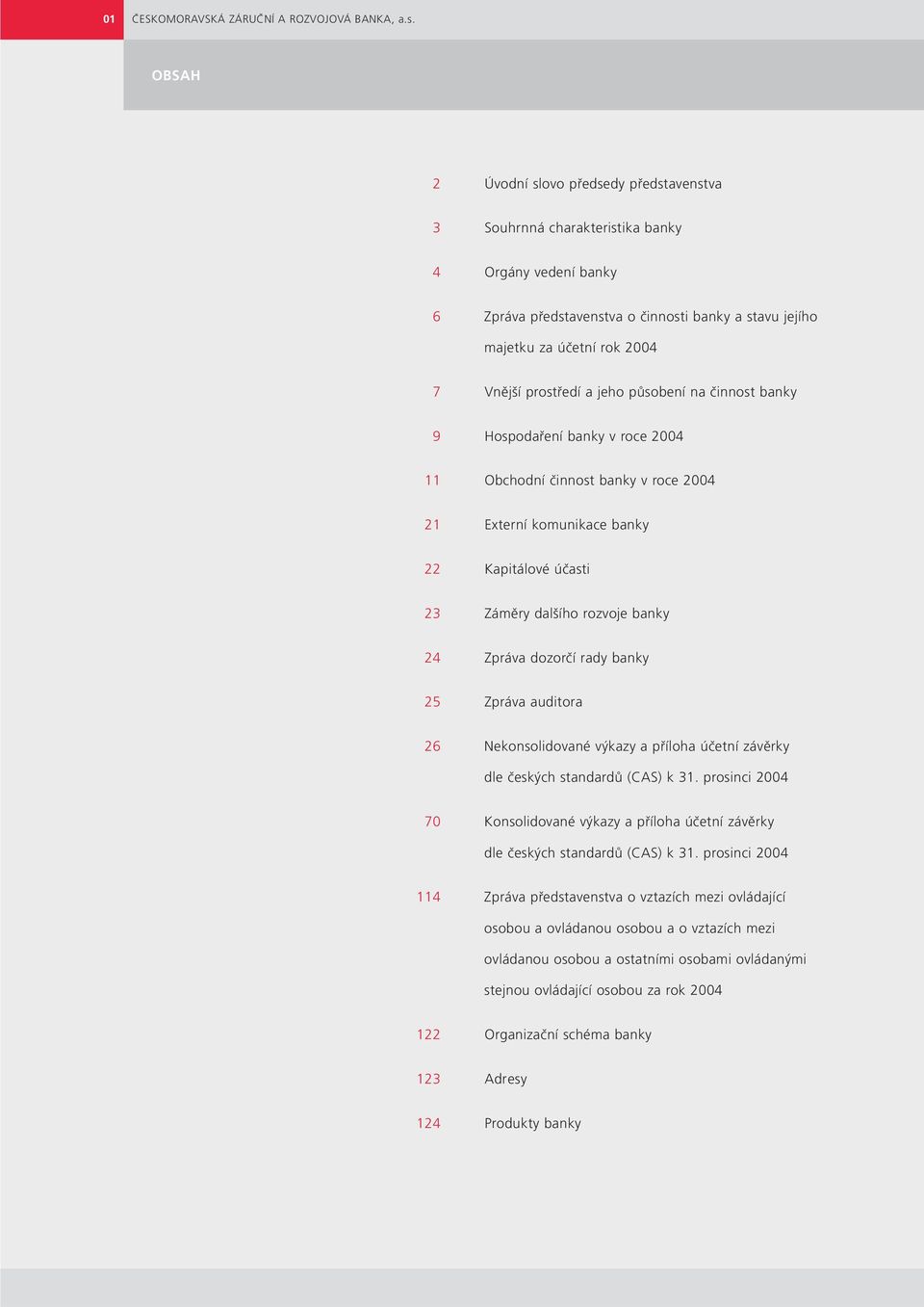 prostředí a jeho působení na činnost banky 9 Hospodaření banky v roce 2004 11 Obchodní činnost banky v roce 2004 21 Externí komunikace banky 22 Kapitálové účasti 23 Záměry dalšího rozvoje banky 24