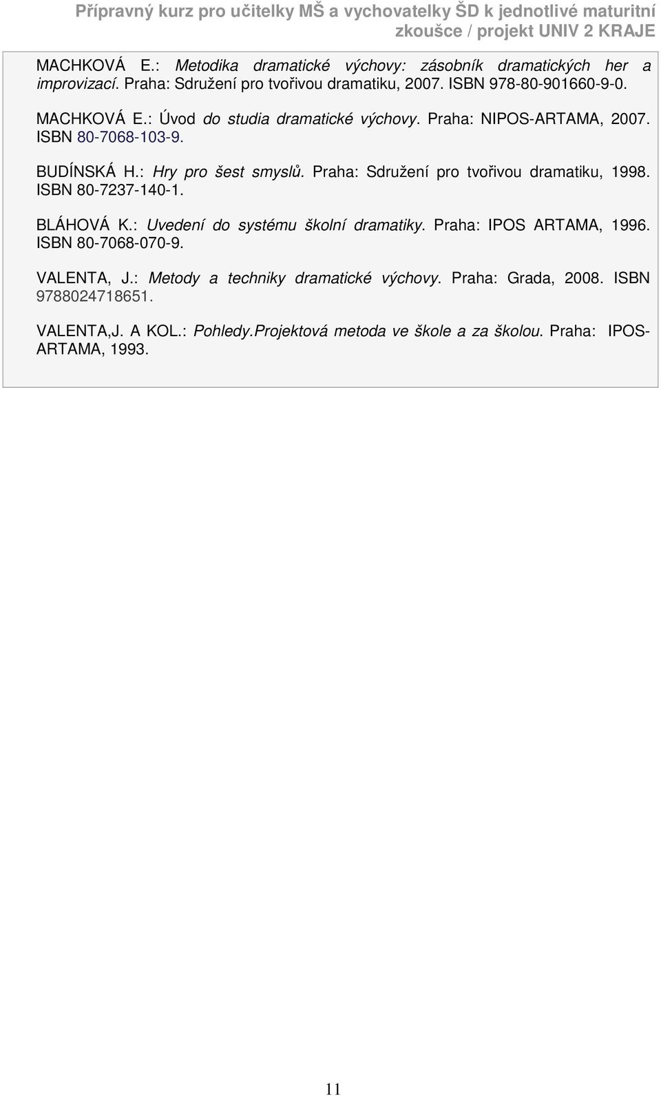 Praha: Sdružení pro tvořivou dramatiku, 1998. ISBN 80-7237-140-1. BLÁHOVÁ K.: Uvedení do systému školní dramatiky. Praha: IPOS ARTAMA, 1996.