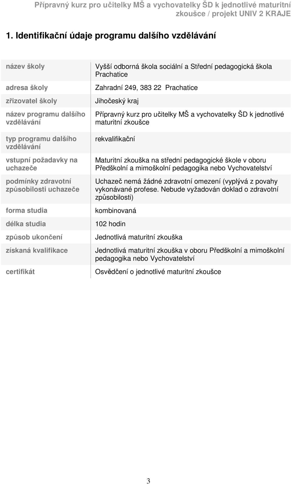 Prachatice Jihočeský kraj Přípravný kurz pro učitelky MŠ a vychovatelky ŠD k jednotlivé maturitní zkoušce rekvalifikační Maturitní zkouška na střední pedagogické škole v oboru Předškolní a mimoškolní