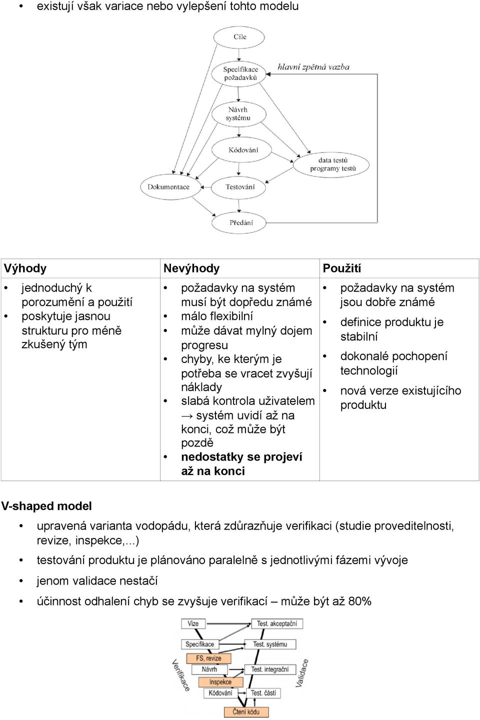 na konci požadavky na systém jsou dobr e známé definice produktu je stabilní dokonalé pochopení technologií nová verze existujícího produktu V-shaped model upravená varianta vodopádu, která