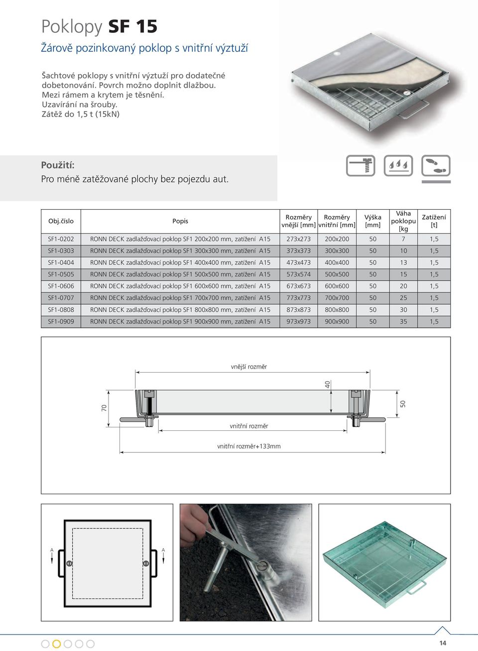 DECK zadlažďovací poklop SF1 400x400 mm, zatížení 15 473x473 400x400 50 13 1,5 SF1-0505 RONN DECK zadlažďovací poklop SF1 500x500 mm, zatížení 15 573x574 500x500 50 15 1,5 SF1-0606 RONN DECK