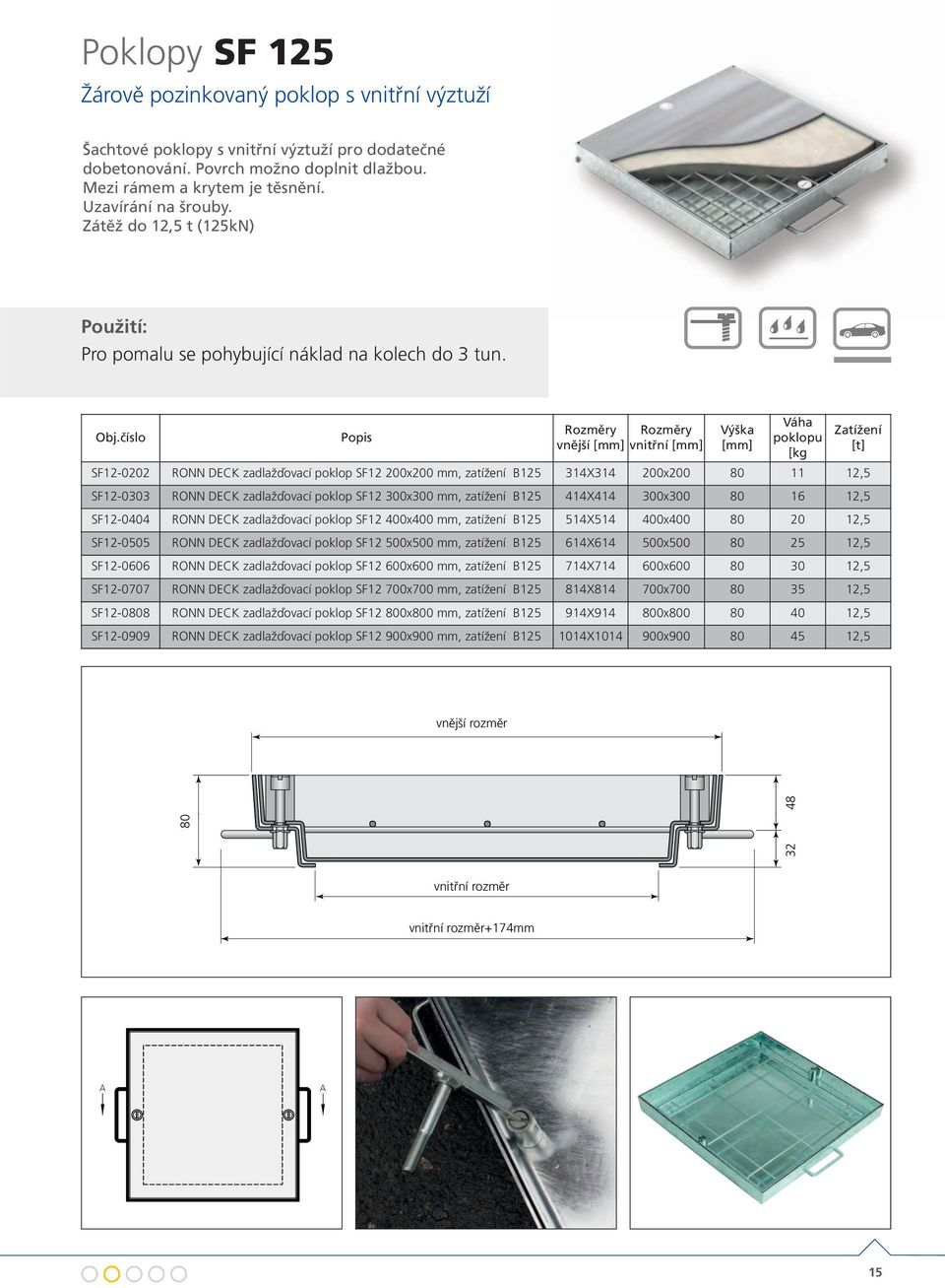 SF12-0404 RONN DECK zadlažďovací poklop SF12 400x400 mm, zatížení B125 514X514 400x400 80 20 12,5 SF12-0505 RONN DECK zadlažďovací poklop SF12 500x500 mm, zatížení B125 614X614 500x500 80 25 12,5