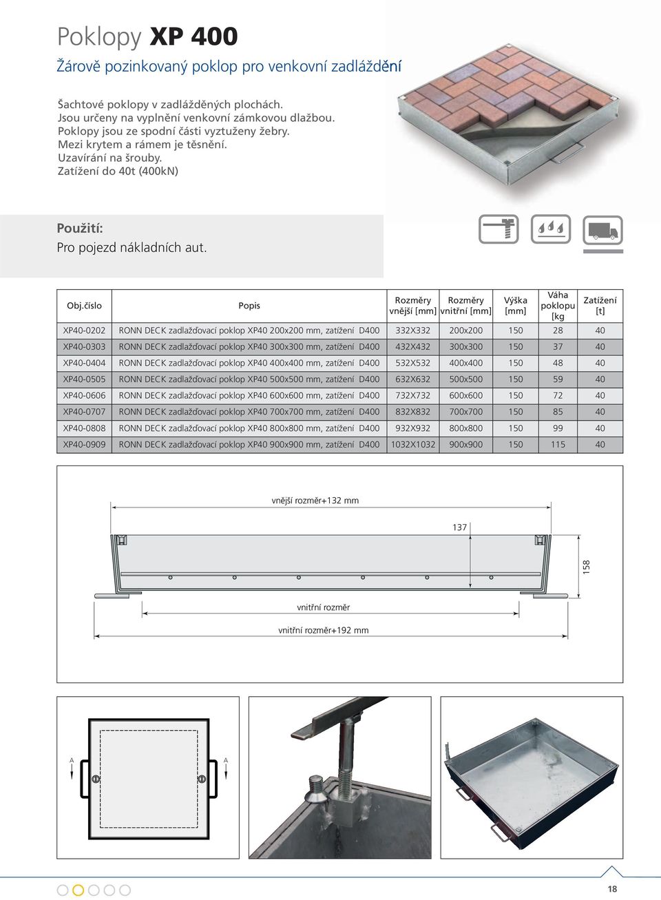 XP40-0202 RONN DECK zadlažďovací poklop XP40 200x200 mm, zatížení D400 332X332 200x200 150 28 40 XP40-0303 RONN DECK zadlažďovací poklop XP40 300x300 mm, zatížení D400 432X432 300x300 150 37 40