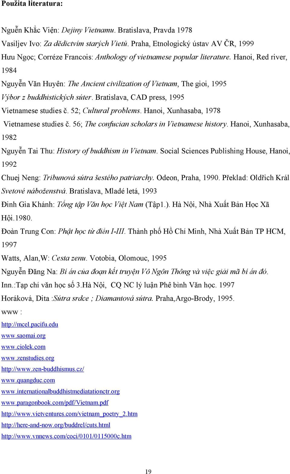 Hanoi, Red river, 1984 Nguyễn Văn Huyên: The Ancient civilization of Vietnam, The gioi, 1995 Výbor z buddhistických súter. Bratislava, CAD press, 1995 Vietnamese studies č. 52; Cultural problems.