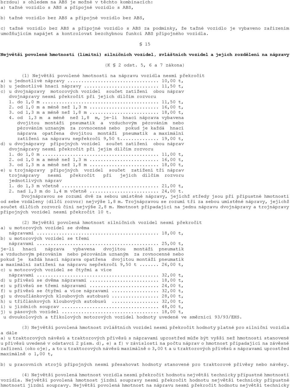 15 Největší povolené hmotnosti (limitní) silničních vozidel, zvláštních vozidel a jejich rozdělení na nápravy (K 2 odst.