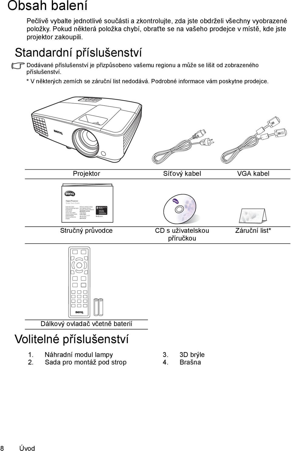 Pokud některá položka chybí, obraťte se na vašeho prodejce v místě, kde jste projektor zakoupili.