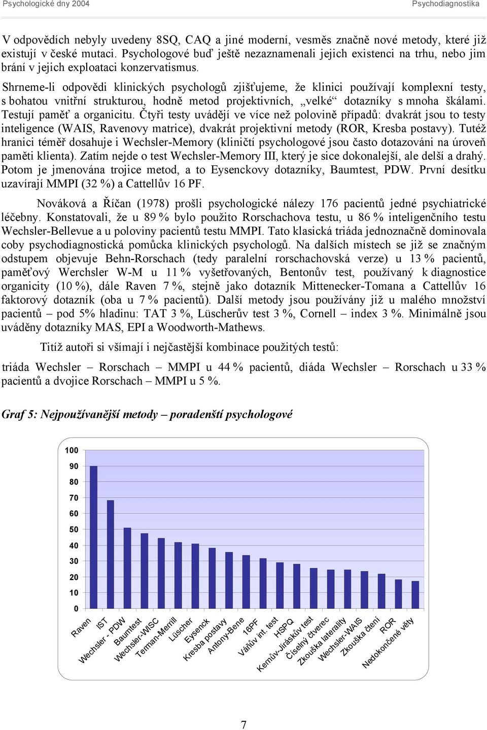 Shrneme-li odpovědi klinických psychologů zjišťujeme, že klinici používají komplexní testy, s bohatou vnitřní strukturou, hodně metod projektivních, velké dotazníky s mnoha škálami.