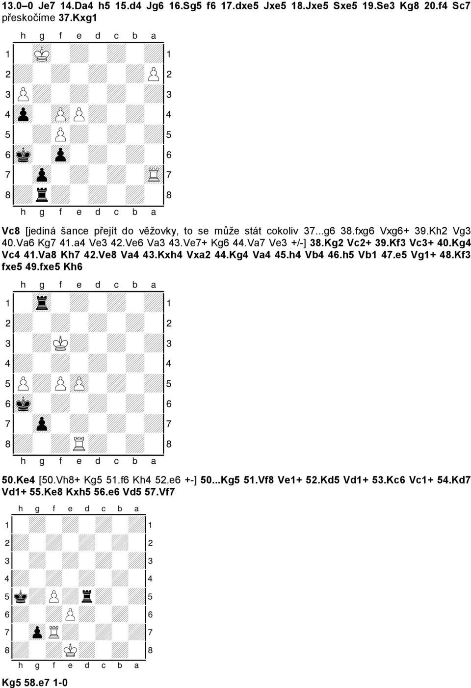 a4 Ve3 42.Ve6 Va3 43.Ve7+ Kg6 44.Va7 Ve3 +/-] 38.Kg2 Vc2+ 39.Kf3 Vc3+ 40.Kg4 Vc4 41.Va8 Kh7 42.Ve8 Va4 43.Kxh4 Vxa2 44.Kg4 Va4 45.h4 Vb4 46.h5 Vb1 47.e5 Vg1+ 48.Kf3 fxe5 49.fxe5 Kh6 1-tr-+-+-+!