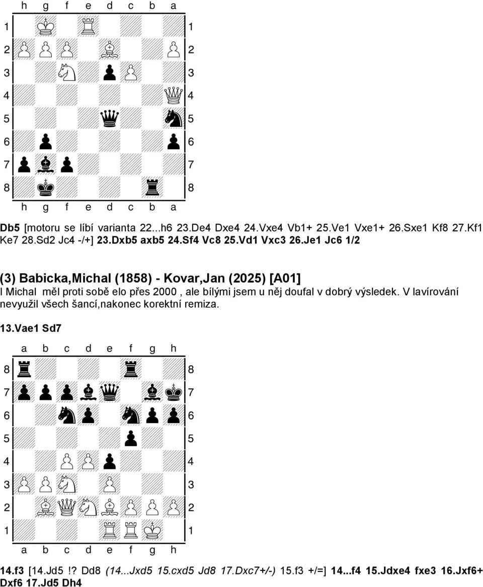 Je1 Jc6 1/2 (3) Babicka,Michal (1858) - Kovar,Jan (2025) [A01] I Michal měl proti sobě elo přes 2000, ale bílými jsem u něj doufal v dobrý výsledek.