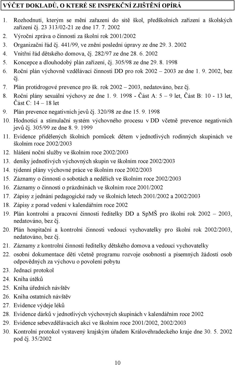 Koncepce a dlouhodobý plán zařízení, čj. 305/98 ze dne 29. 8. 1998 6. Roční plán výchovně vzdělávací činnosti DD pro rok 2002 2003 ze dne 1. 9. 2002, bez čj. 7. Plán protidrogové prevence pro šk.