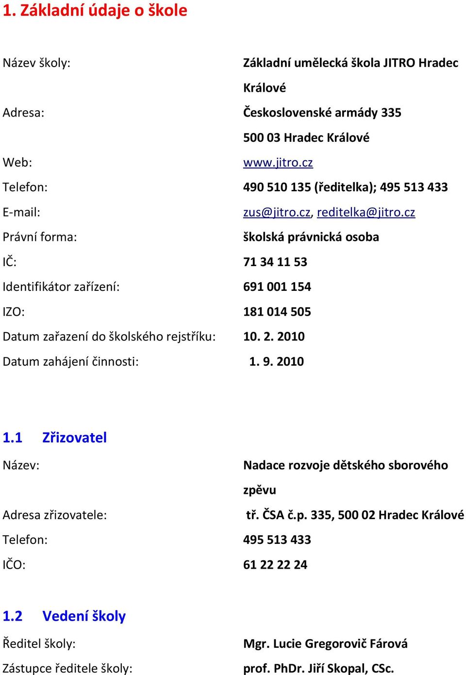 cz Právní forma: školská právnická osoba IČ: 71 34 11 53 Identifikátor zařízení: 691 001 154 IZO: 181 014 505 Datum zařazení do školského rejstříku: 10. 2.