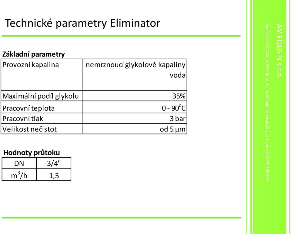 glykolu 35% Pracovní teplota 0-90 o C Pracovní tlak 3 bar