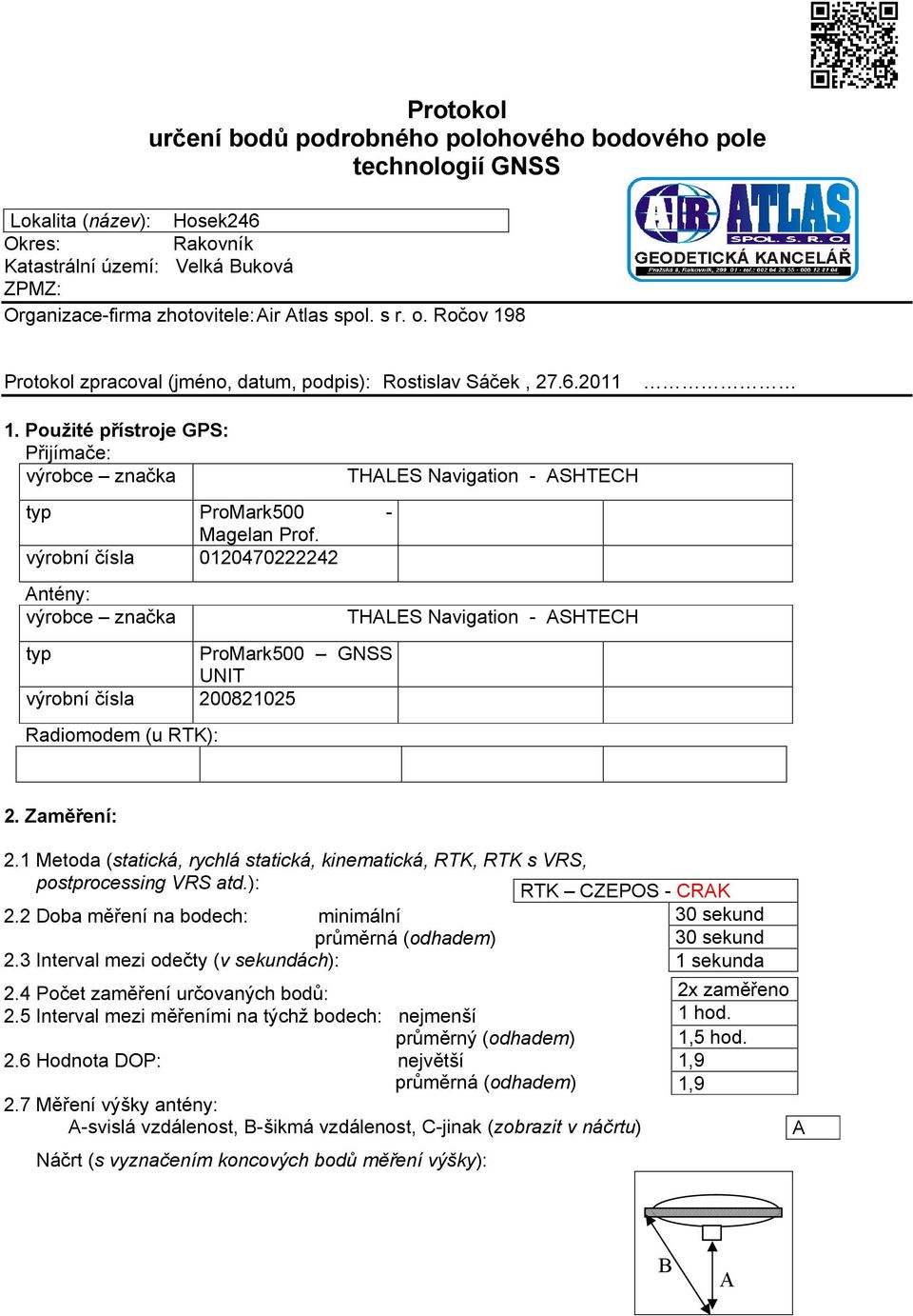 výrobní čísla 0120470222242 Antény: výrobce značka typ ProMark500 GNSS UNIT výrobní čísla 200821025 Radiomodem (u RTK): THALES Navigation - ASHTECH THALES Navigation - ASHTECH 2. Zaměření: 2.
