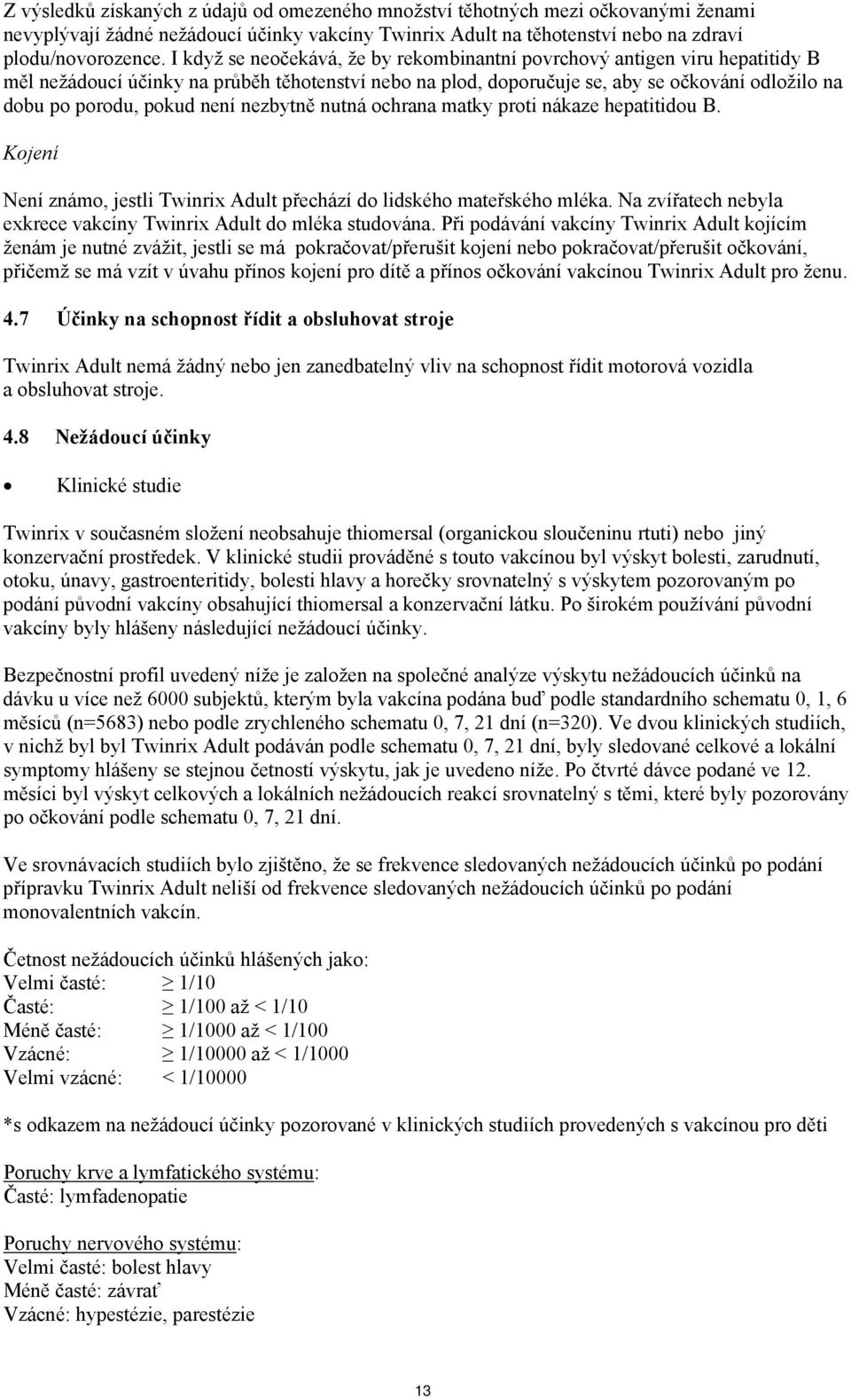 není nezbytně nutná ochrana matky proti nákaze hepatitidou B. Kojení Není známo, jestli Twinrix Adult přechází do lidského mateřského mléka.