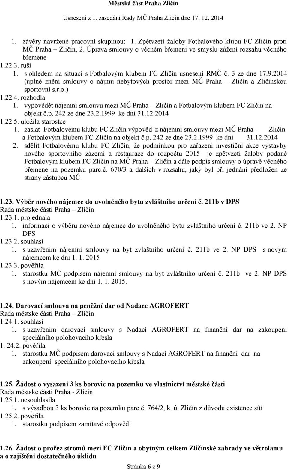 vypovědět nájemní smlouvu mezi MČ Praha Zličín a Fotbalovým klubem FC Zličín na objekt č.p. 242 ze dne 23.2.1999 ke dni 31.12.2014 1.22.5. uložila starostce 1.