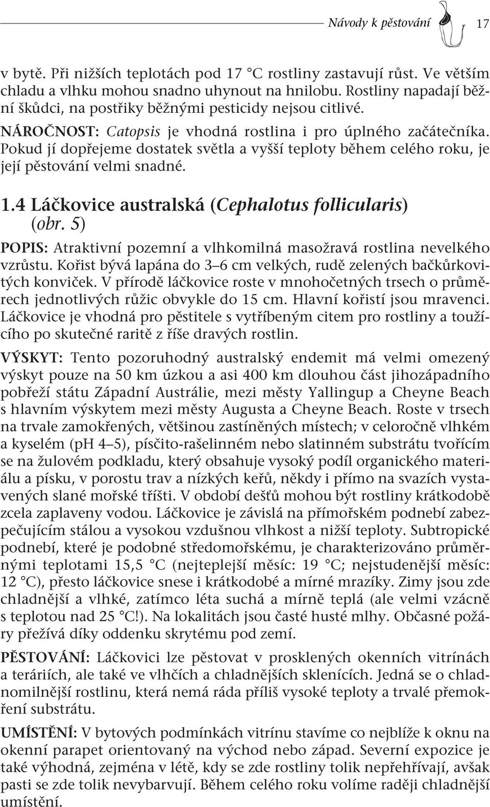 Pokud jí dopřejeme dostatek světla a vyšší teploty během celého roku, je její pěstování velmi snadné. 1.4 Láčkovice australská (Cephalotus follicularis) (obr.