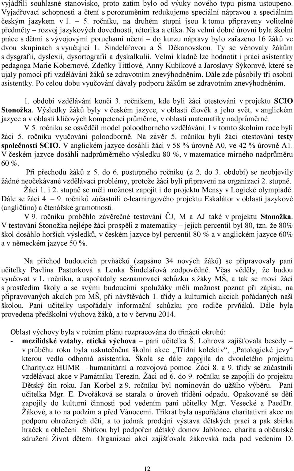 Na velmi dobré úrovni byla školní práce s dětmi s vývojovými poruchami učení do kurzu nápravy bylo zařazeno 16 žáků ve dvou skupinách s vyučující L. Šindelářovou a Š. Děkanovskou.