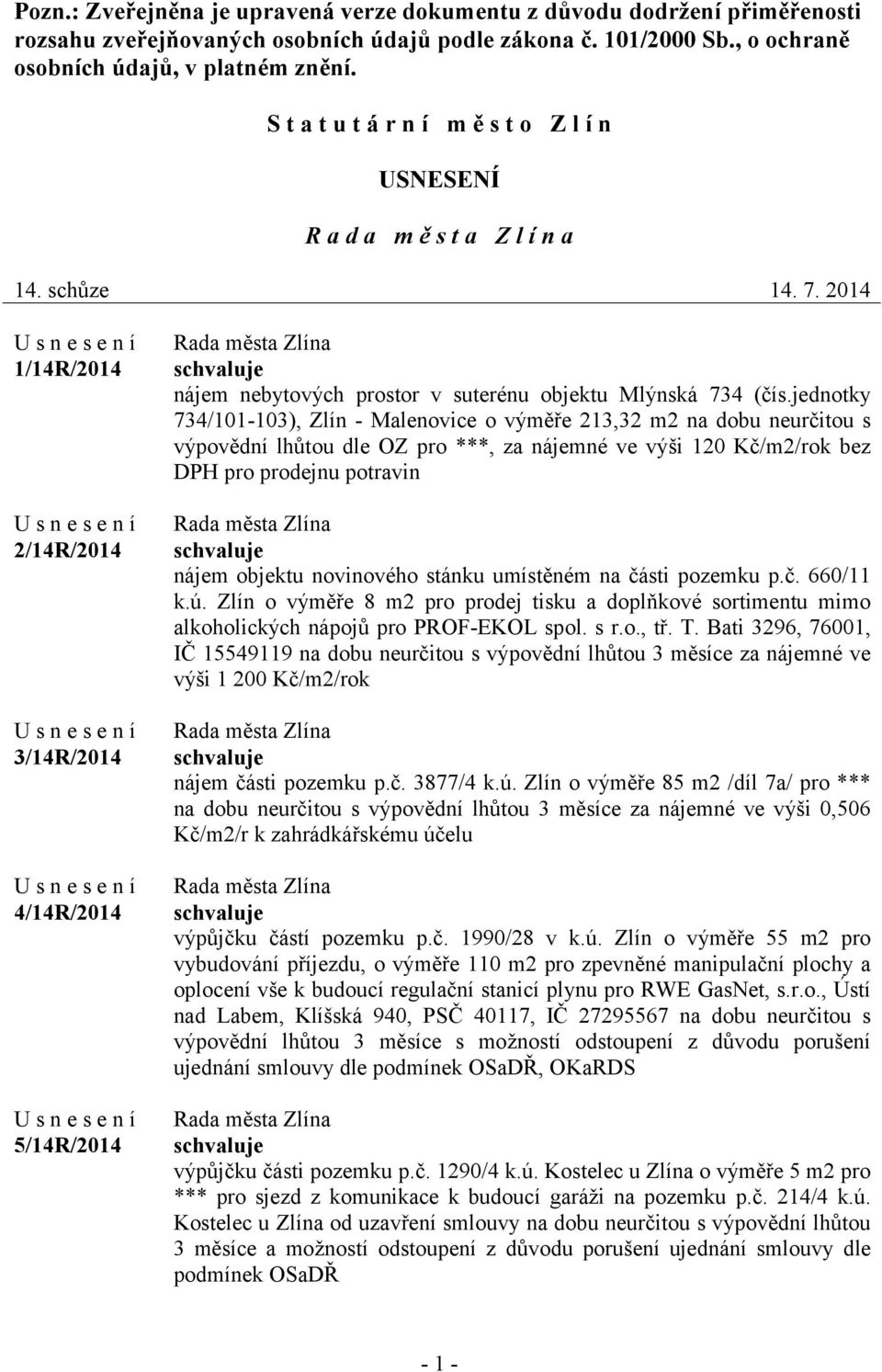 2014 1/14R/2014 2/14R/2014 3/14R/2014 4/14R/2014 5/14R/2014 nájem nebytových prostor v suterénu objektu Mlýnská 734 (čís.