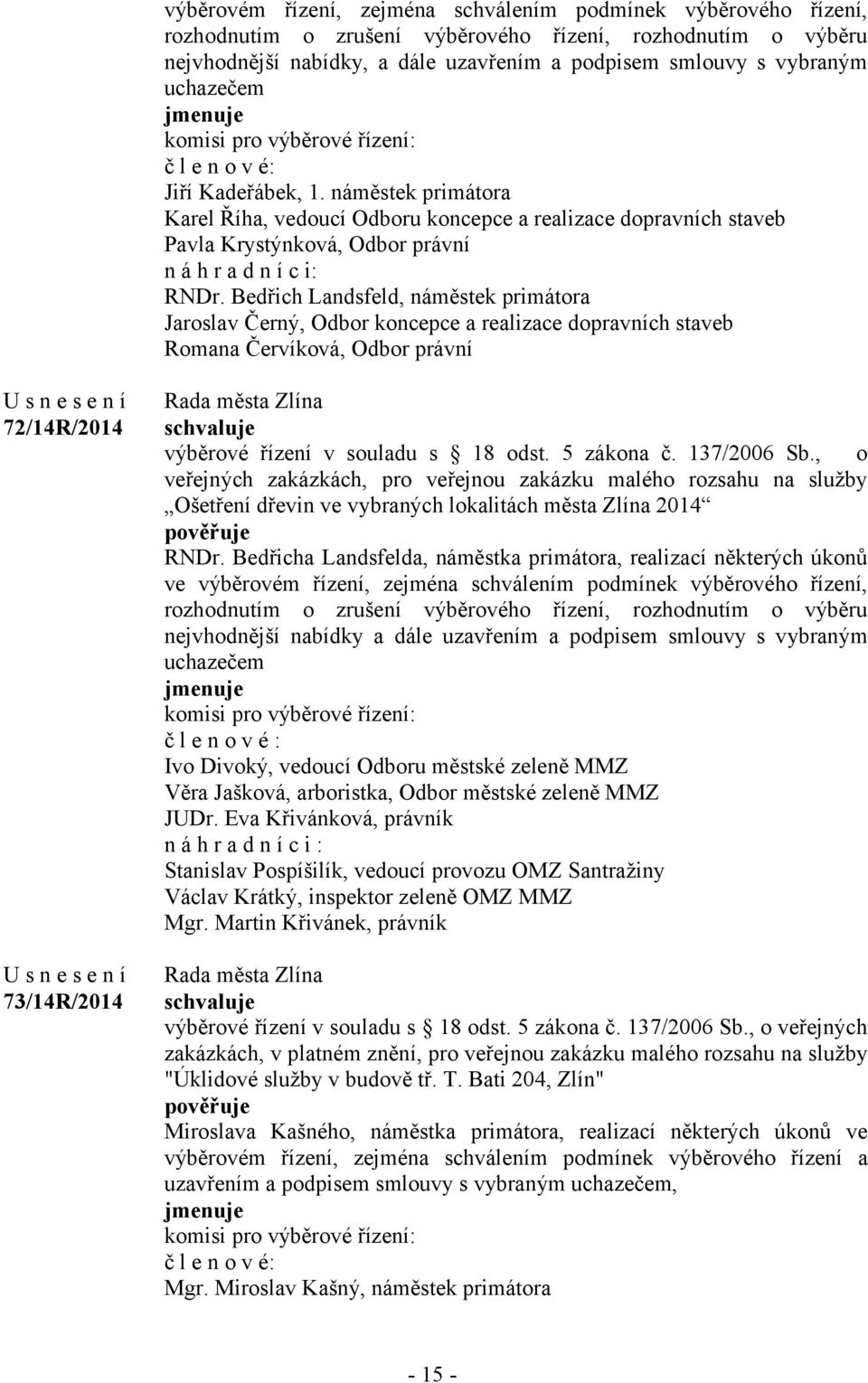 náměstek primátora Karel Říha, vedoucí Odboru koncepce a realizace dopravních staveb Pavla Krystýnková, Odbor právní n á h r a d n í c i: RNDr.