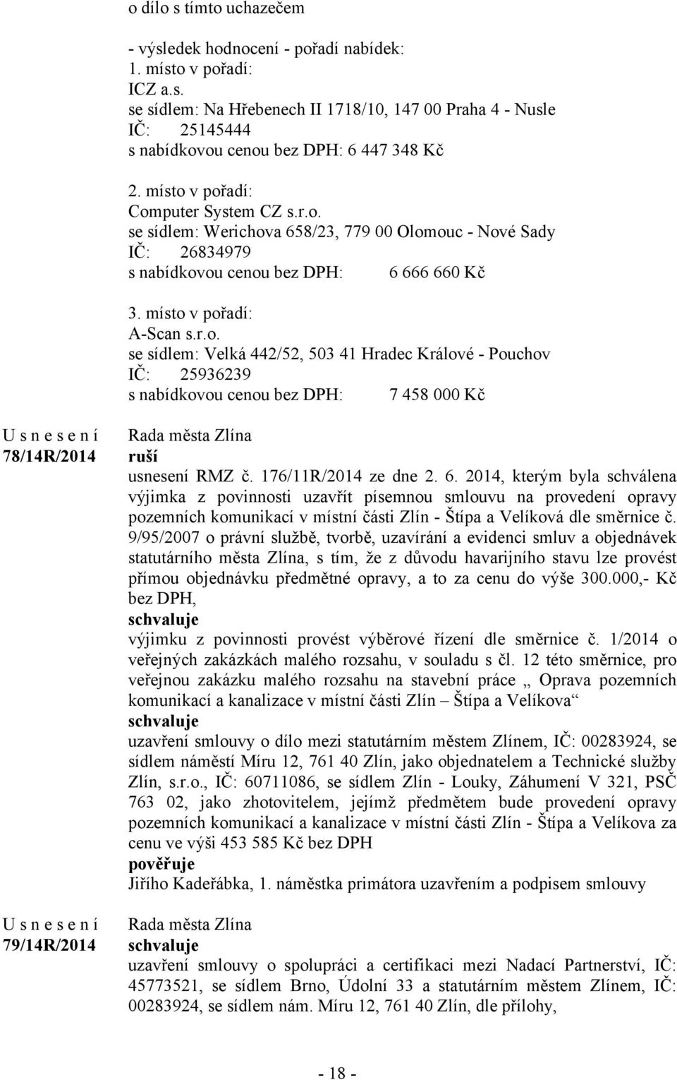 176/11R/2014 ze dne 2. 6. 2014, kterým byla schválena výjimka z povinnosti uzavřít písemnou smlouvu na provedení opravy pozemních komunikací v místní části Zlín - Štípa a Velíková dle směrnice č.