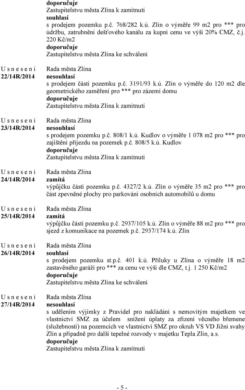 220 Kč/m2 Zastupitelstvu města Zlína ke schválení 22/14R/2014 23/14R/2014 24/14R/2014 25/14R/2014 26/14R/2014 27/14R/2014 nesouhlasí s prodejem části pozemku p.č. 3191/93 k.ú.