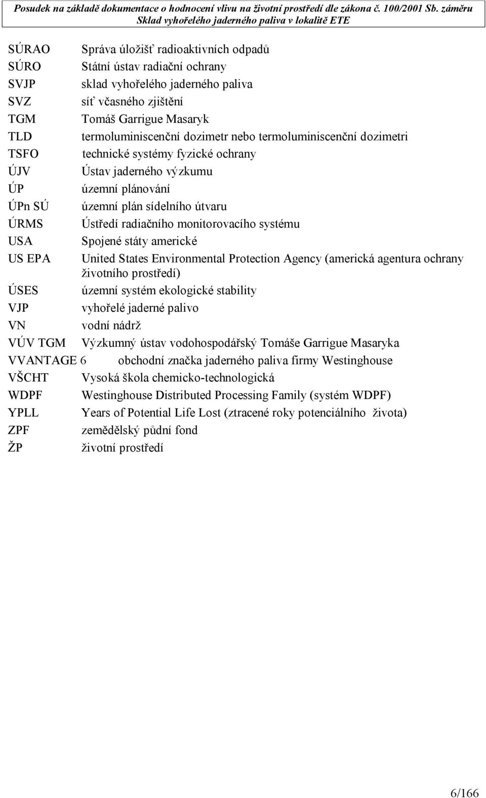 monitorovacího systému USA Spojené státy americké US EPA United States Environmental Protection Agency (americká agentura ochrany životního prostředí) ÚSES územní systém ekologické stability VJP