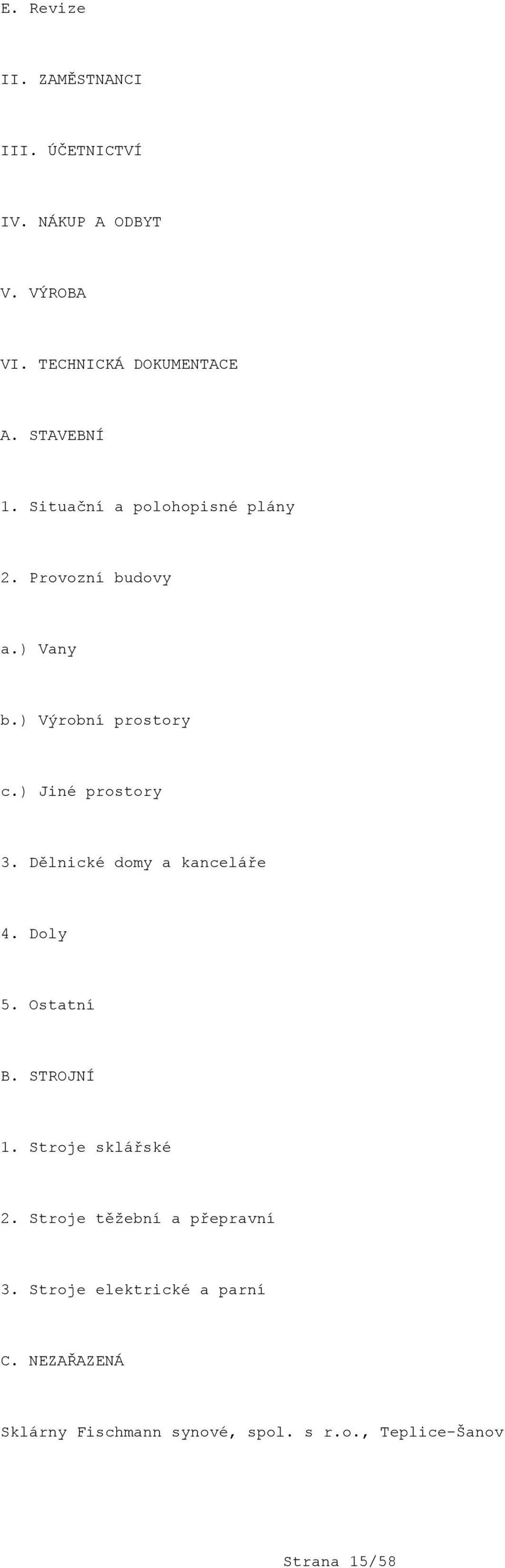 ) Jiné prostory 3. Dělnické domy a kanceláře 4. Doly 5. Ostatní B. STROJNÍ 1. Stroje sklářské 2.