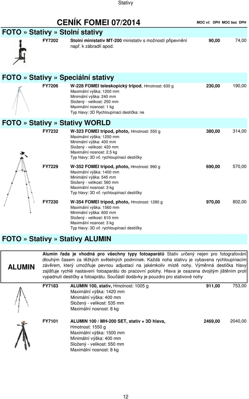 velikost: 250 mm Maximální nosnost: 1 kg Typ hlavy: 3D Rychloupínací destička: ne W-323 FOMEI tripod, photo, Hmotnost: 550 g Maximální výška: 1250 mm Minimální výška: 400 mm Složený - velikost: 420